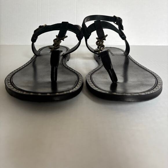 Saint Laurent Cassandra YSL Studded T-Strap Leather Flat Sandals Black Size 42 - Picture 4 of 14